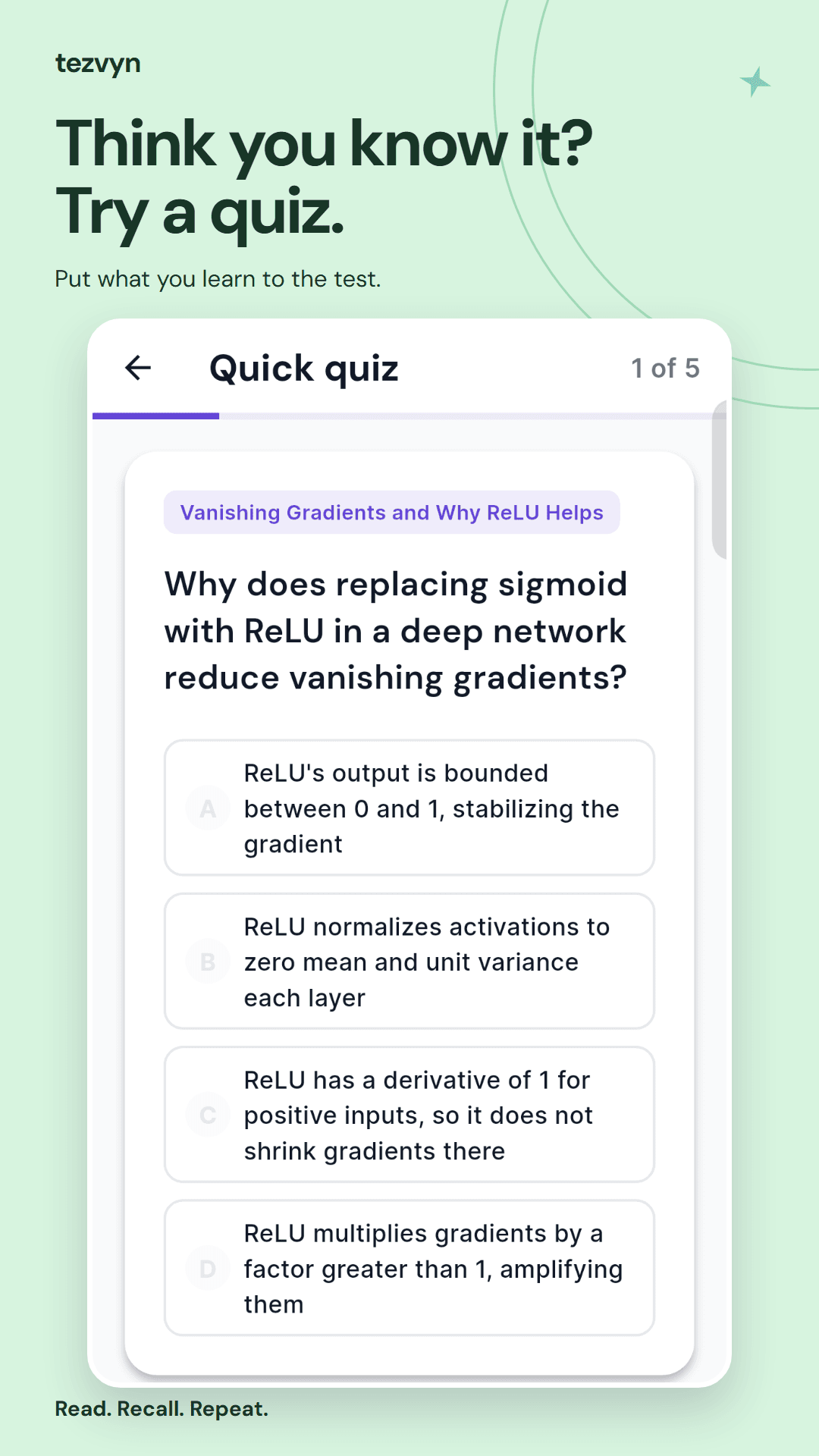 Tezvyn app quiz screen with a multiple-choice question