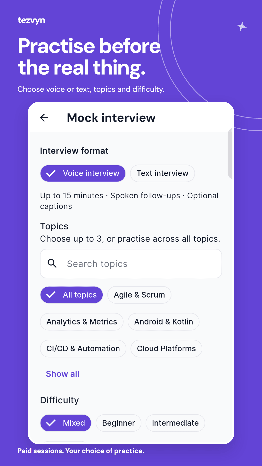 Tezvyn app mock interview setup with voice and text options