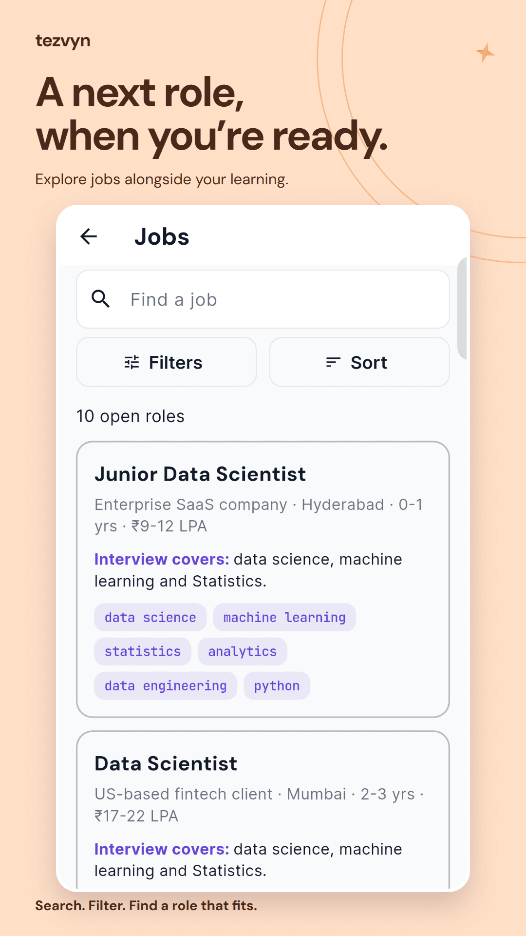 Tezvyn app jobs screen showing technical roles